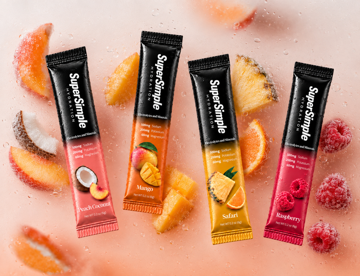 SuperSimple elektrolit saşeleri: Peach Coconut, Mango, Safari ve Raspberry
